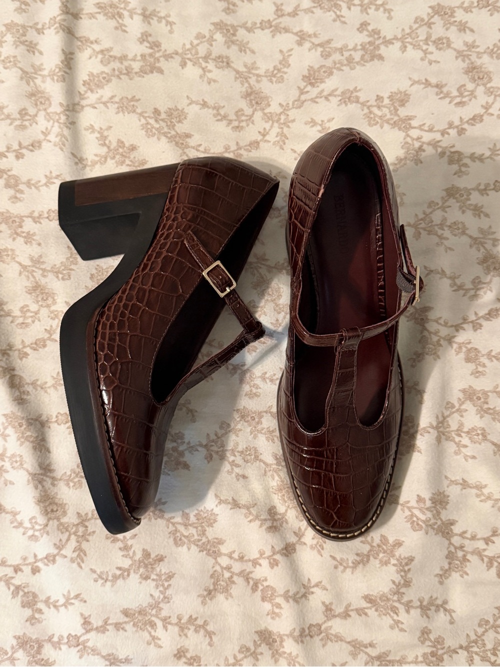 Bernardo Dark Brown Croc-Embossed T-Strap Block Heel Pumps